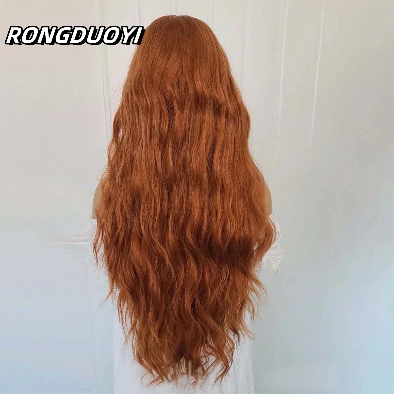 Qfdian 13X4 Ginger Orange Long Curly Synthetic Lace Front Wig Natural Wavy Auburn Brown Colored Hair Lace Frontal Wig for Women Party