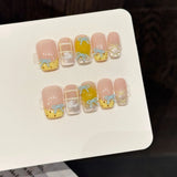 Qfdian  10pcs Handmade Kawaii Cute Gradient Press On Nails 3D Bows Decor Wearable Yellow French Crystal Cat's Eye False Nails For Women