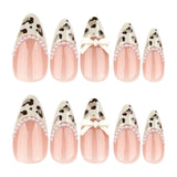 Qfdian  24pcs Light Coffee French Style Press On Nails Leopard Print Almond Spicy Girl Fake Nails With Bowknots Pearl Decor False Nail