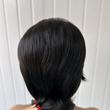 Qfdian Pixie Cut Wig Jet Black Straight Short Cut Bob Synthetic Lace Front Wig Glueless Layered Hair Frontal Lace Wigs for Women