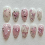 Qfdian  24pcs Press on Fake Nails Set Almond Wearable Simple French Flower False Nail Art Gold Beads Design Diamond Manicure Tips