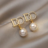 Luxury Zircon Pearl Drop Earrings For Women Girl Elegant Personality Shiny D Letter Earring Fashion Jewelry Wholesale