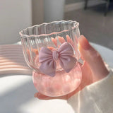 Qfdian Clear Glass Coffee Mug Bow Decoration Water Cup Delicate Striped Glass Breakfast Milk Oatmeal Mug Afternoon Tea Flower Tea Cup