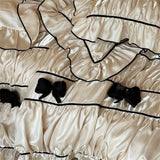Qfdian  Vintage French Ruffled Ruffles Bow Bedding Set Silky Brocade Egyptian Cotton Duvet Cover Flat Bed Sheet Pillowcase 4/5Pcs
