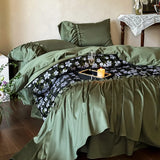Qfdian  Egyptian Cotton Bedding Set French Vintage Green Floral Print Ruffles Duvet Cover Flat Bed Sheet Pillowcases 4Pcs