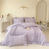 Qfdian  Korean Princess Style Lace Ruffles Bedding Set Solid Color Duvet Cover Set Flat/Fitted Bed Sheet Pillowcases With Pillowcases