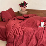 Qfdian  Vintage Lace French Princess Bedding Set 100% Cotton Double Yarn Soft Duvet Cover Flat Bed Sheet Large Ruffles Pillowcase