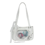 Qfdian Y2K Transparent Love Itabag Zipper Bag Jk Kawaii Shoulder Bag Underarm Commuting Bag Messenger Bag Lace Crossbody Bag Women