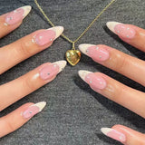 Qfdian 24Pcs Golden French Fake Nail with Almond Head Design Simple Oval False Nails Wearable Press on Nails Full Cover Nail Tips
