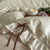 Qfdian 100% Cotton Pastoral Floral Print Ruffles Bow Princess Bedding Set Queen King Duvet Cover Set Bed Sheet/Fitted Sheet Pillowcases