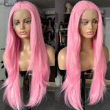 Qfdian Hot Pink Long Straight Layered Wigs for Women Synthetic Lace Front Wig Natural Wavy Hair Long pink Wigs for Daily Party Cosplay