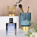 Qfdian  Golden Edge Thickened Glass Storage Bucket, Dark Green Pen Holder, Storage Jar, Makeup Brush Cup, Table Vase Box