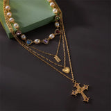 Qfdian  Y2K Choker Necklace Multilayer Chain with Love Heart Jesus Cross Pendant Rhinestone Pearl Y2K Jewelry for Women Birthday Gift