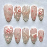 Qfdian  24Pcs Mid-length 3D Flowers Design Fingertips Sweet Butterfly Yellow Ripple Almond False Nails Detachable Full Cover Press Ons
