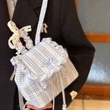 Qfdian Korean Ins Lace Plaid Casual Backpack Y2k Aesthetic Ruffled Mini Schoolbags Fashion Sweet All Match Preppy Backpacks Streetwear