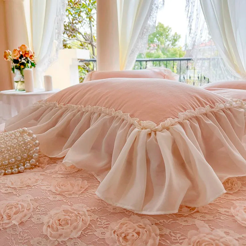 Waterfall Ruffle Lace Duvet Cover set 100%Cotton French Lace Rose Chic Wedding Princess Bedding set with Bed Sheet 2Pillowcases