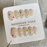 Qfdian Short Oval Press on Nails Handmade Fake Nails Full Cover Wearable False Reusable Adhesive Manicure Nails Glitter Dots Decoration