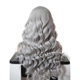 Qfdian Silver Wig Loose Curly Synthetic Lace Wig Silver Grey Lace Front Wig Glueless Long Grey Curly Hair Lace Frontal Wigs for Women