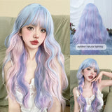 Qfdian 26Inch Fantasy Purple Mix Lolita Synthetic Wigs With Bang Long Natural Wavy Hair Wig For Women Cosplay Daily Use Heat Resistant