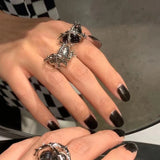 Qfdian  Kpop Vintage Y2K Black Big Cross Ring Thorns Heart Metal Opened Ring For Women BFF Trendy Gothic Grunge Aesthetic EMO Jewelry
