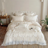 Qfdian  4Pcs Pink Ruffle Bow Lace Princess Wedding Bedding Set Lyocell Cotton Jacquard Duvet Cover Silky Soft Bed Linens Queen King Size