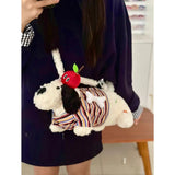 Qfdian Japanese Fluffy Cartoon Striped Dog Shoulder Bag Kawaii Sweet Fashion Women's Handbags Y2k Aesthetic Cute Crossbody Bags Trendy