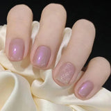 Qfdian 24Pcs Simple False Nails with Glue Short Almond Fake Nails Glitter Aurora Round Head Full Cover Nail Tips Oval Press on Nails