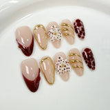 Qfdian  Blossom 3D Press On Nails Elegant Minimalist  Nude Pink Gradient Gold Line Marbling Detail Refined Feminine