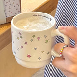 Qfdian  Creative Colorful Five-pointed Star Pattern Water Cups Household Office Items Porcelain White Mug Breakfast Milk Coffee Cup, 1Pc