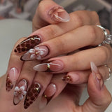 Qfdian  24pcs Retro Almond Press On Nails Brown Marble Cracks Ice Flower Printed False Nails European Wearable French Style Fake Nail