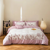 Qfdian  Rose Flowers Embroidery Luxury Bedding Set 600TC Egyptian Cotton Queen King Duvet Cover Flat Bed Sheet Pillowcases 4Pcs