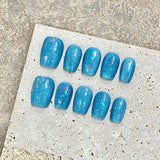 Qfdian  10pcs Handmade Press On Nails Blue Cat's Eye False Nails Deep Sea Bubble Decor Glitter French Fake Nails Fashion Flash Nail Art