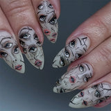 Qfdian  24Pc Halloween False Nails with Almond Head Designs Cute Clown Fake Nails French Full Cover Manicure Press on Nail Tips for Girl