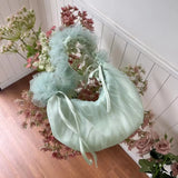 Sweet Y2k Aesthetic Drawstring Pleated Crossbody Bag Vintage Simple All Match Shoulder Bags Casual Ruffled Gauze Women Handbags