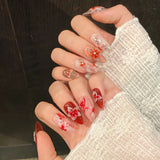 Qfdian  10pcs Hand Carved 3D Devil Flower Press On Nails Gradient Rose Pink Almond Handmade False Nails Shiny Sequins Summer Fake Nail