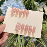 Qfdian 10Pcs Handmade Gradient Pink Fake Nails Long Press On Nails French False Nails 3D Pink Flowers Decor Wearable Press on Nails