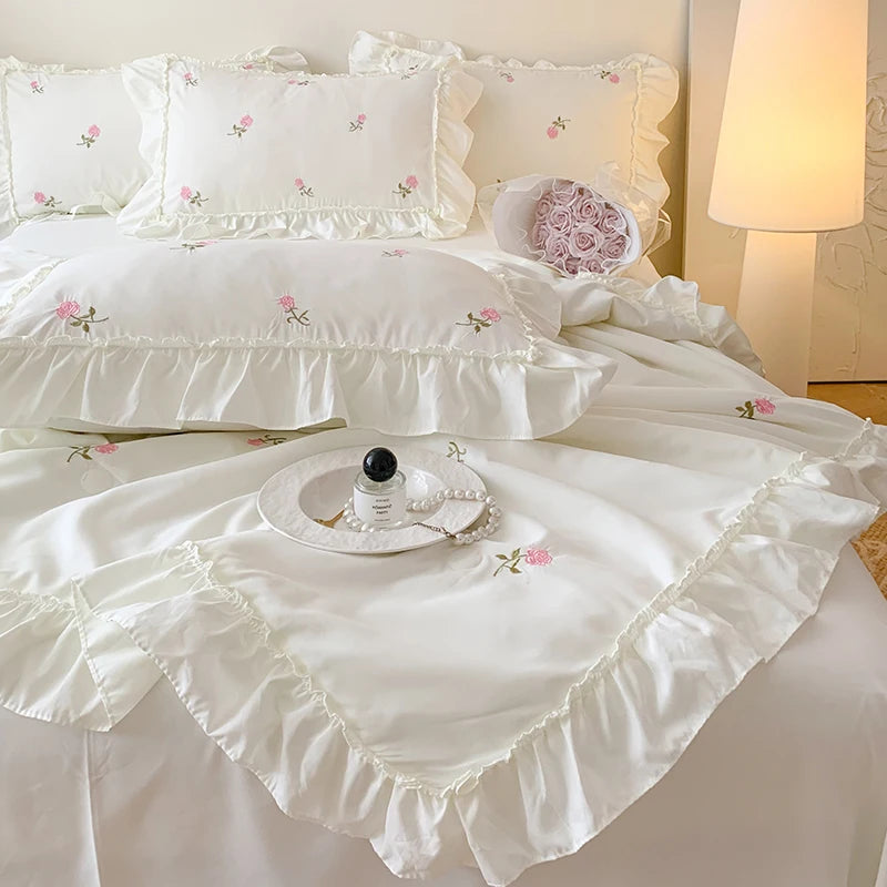 White Korean Princess Style Pink Rose Flowers Embroidery Ruffles Thin Summer Quilt Blanket Air Conditioning Quilt Single Double