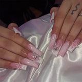Qfdian 24Pcs Extra Long Square Fake Nail with Glue 3D Little Bear Bow Design False Nails White French Press on Nails Wearable Manicure