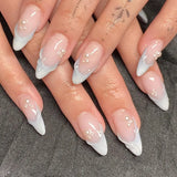Qfdian  24pcs Press on Fake Nails Set Almond Wearable Simple French Flower False Nail Art Gold Beads Design Diamond Manicure Tips