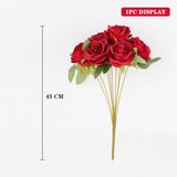 Qfdian  9 Heads Artificial Flower Silk Rose white Eucalyptus leaves Peony Bouquet Fake Flower for Wedding Table Party Vase Home Decor