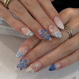 Qfdian  24Pcs Mid-length 3D Flowers Design Fingertips Sweet Butterfly Yellow Ripple Almond False Nails Detachable Full Cover Press Ons