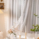 Qfdian  French Romantic White Geometric Star Floral Pattern Ruffles Sheer Lacework Curtains for Living Room Tulle for Windows Drapes