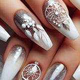Qfdian 24Pcs Gradient Short Ballet Nails Set with Glue White Simple False Nails Coffin Fake Nail Press on Nails Full Cover Nail Tips
