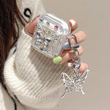 Qfdian  Luxury Colorful Diamond Butterfly Bluetooth Headset Case For AirPods Pro 2nd Air Pods 4 3 2 1 Clear Earhone Case with Pendant