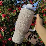 Qfdian  Diamond Thermos Cup With Handle 304 Stainless Steel Vacuum Flasks Portable Car Coffee Cup Insulated Thermal Water Bottles