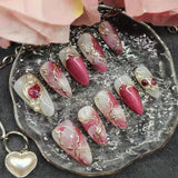 Qfdian 10pcs Handmade Almond Press on Nails Reusable Adhesive Mottling Fake Nails Irregular Manicure Beauty Wearable Finger Tips Woman