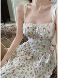 Qfdian  Elegant Women's Retro Printed Medium Length Dress Summer Fashion Beach Party Y2k Slim Fit Women Versatile Lace Suspender Dress