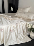 Qfdian 60S Lyocell Bamboo Fiber Flower Embroidery Summer Quilt Bedding Set Soft Silky Thin Comforter Blanket With Bed Sheet Pillowcases