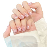 Qfdian 10Pcs Pink Sweet Handmade Press on Nails Full Cover Short French Butterfly Ballerina Cat Eye False Nails Wearable False Nail Tip