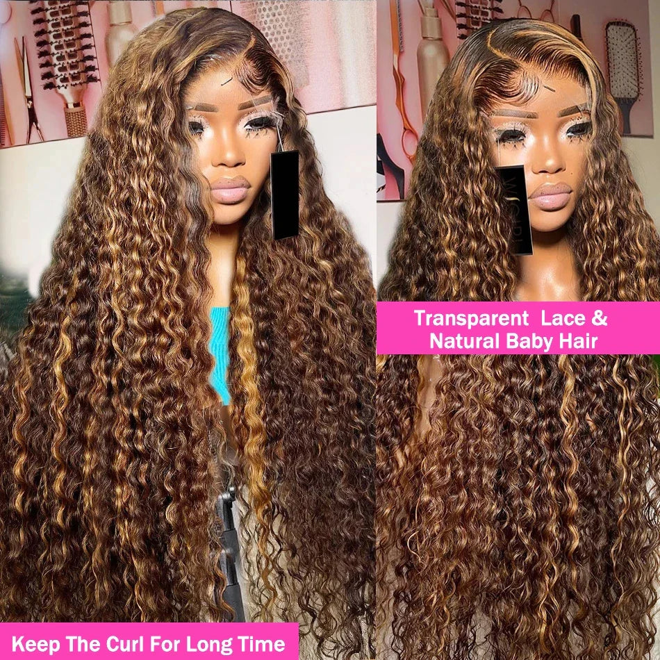 Qfdian 13x6 HD Brown Lace Front Wig Honey Blonde Curly Human Hair Wigs Ombre Highlight Wig Human Hair Deep Water Wave Lace Frontal Wig